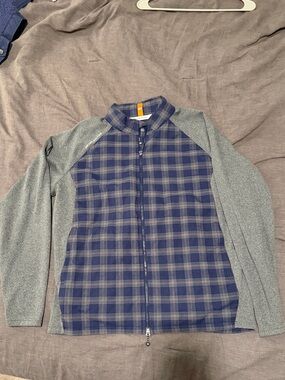 Peter Millar Navy Plaid Front Lightweight Jacket with Gray Raglan Sleeves